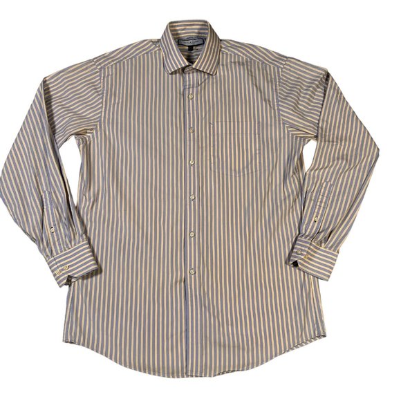 Tommy Hilfiger Shirt Men's Button Up Long Sleeve Striped Blue Yellow Medium 15.5 - Picture 1 of 11